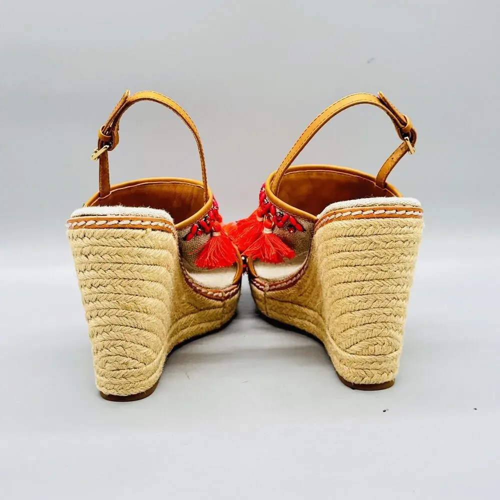 Tory Burch Sandals Womens 7.5 Beige Linen Espadrille Platform Wedge Tassel Shoes - Picture 6 of 11